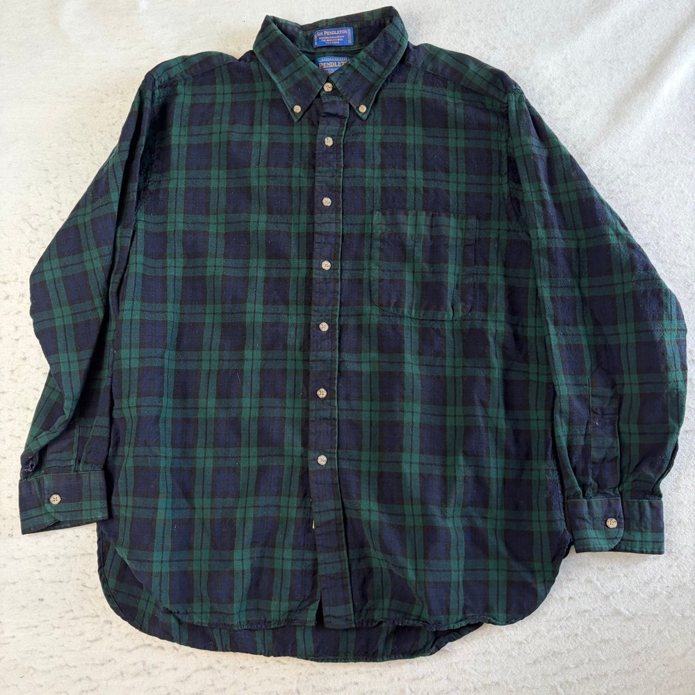 Pendleton Button Down Shirt Mens XL Green Black Watch Plaid Wool Flannel